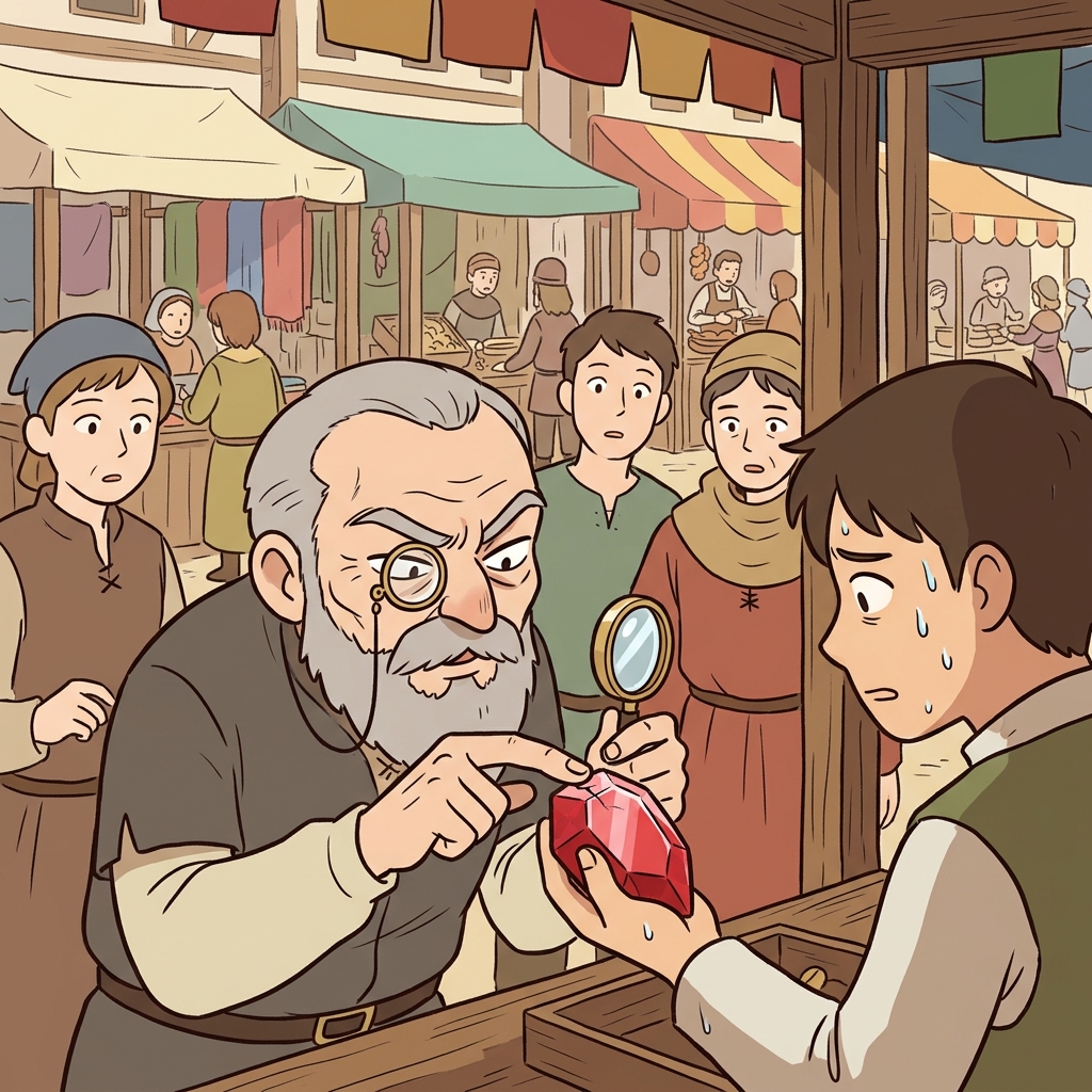 The shrewd merchant spots the flaw in the gem before anyone else notices.