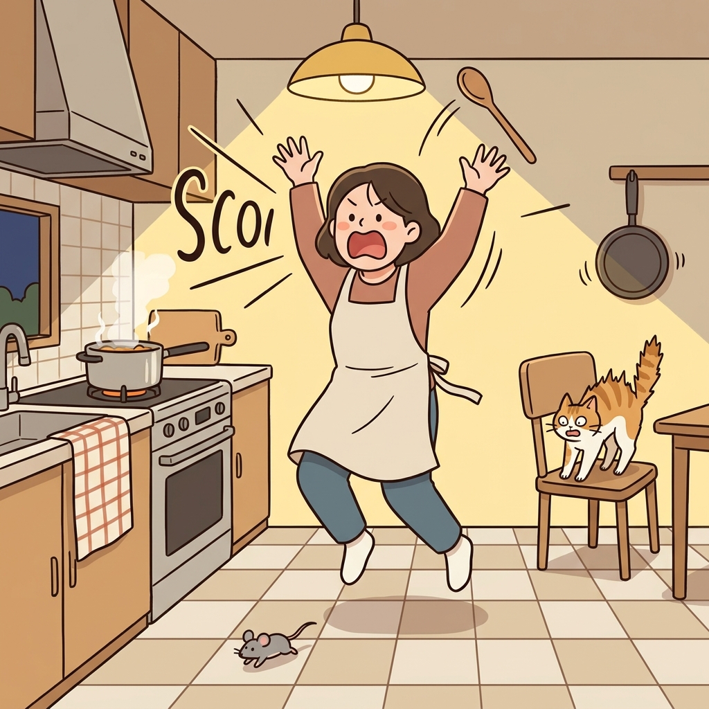 She let out a piercing shriek when the mouse darted across the kitchen floor.