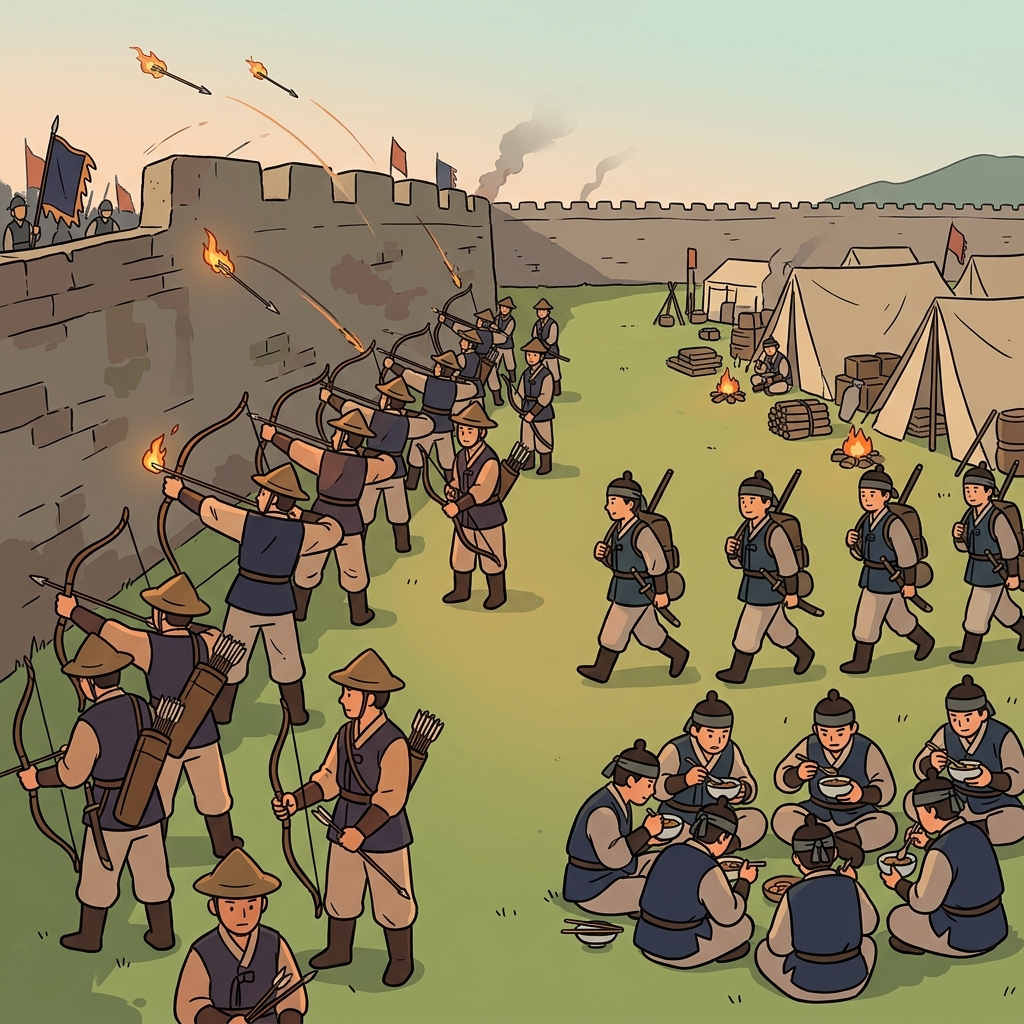 공격수들은 밤낮으로 화살을 쏘며 쉬지(siege) 않고 포위전(siege)을 이어갔다.