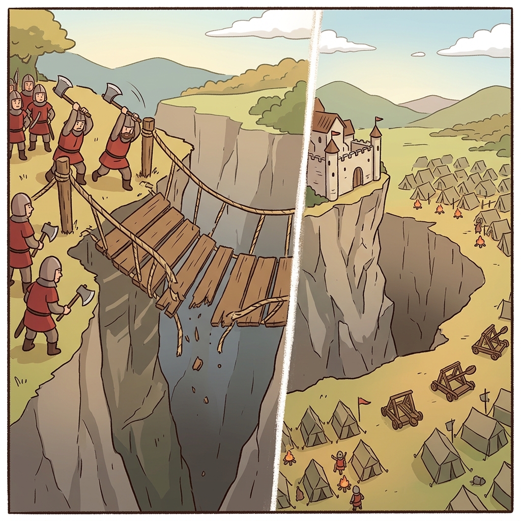 The enemy destroyed the only bridge, trapping the castle in a long siege.