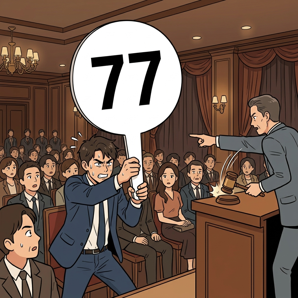 The intense bidder aggressively thrusts his giant numbered paddle high into the air, nodding firmly to signify his final, massive bid.