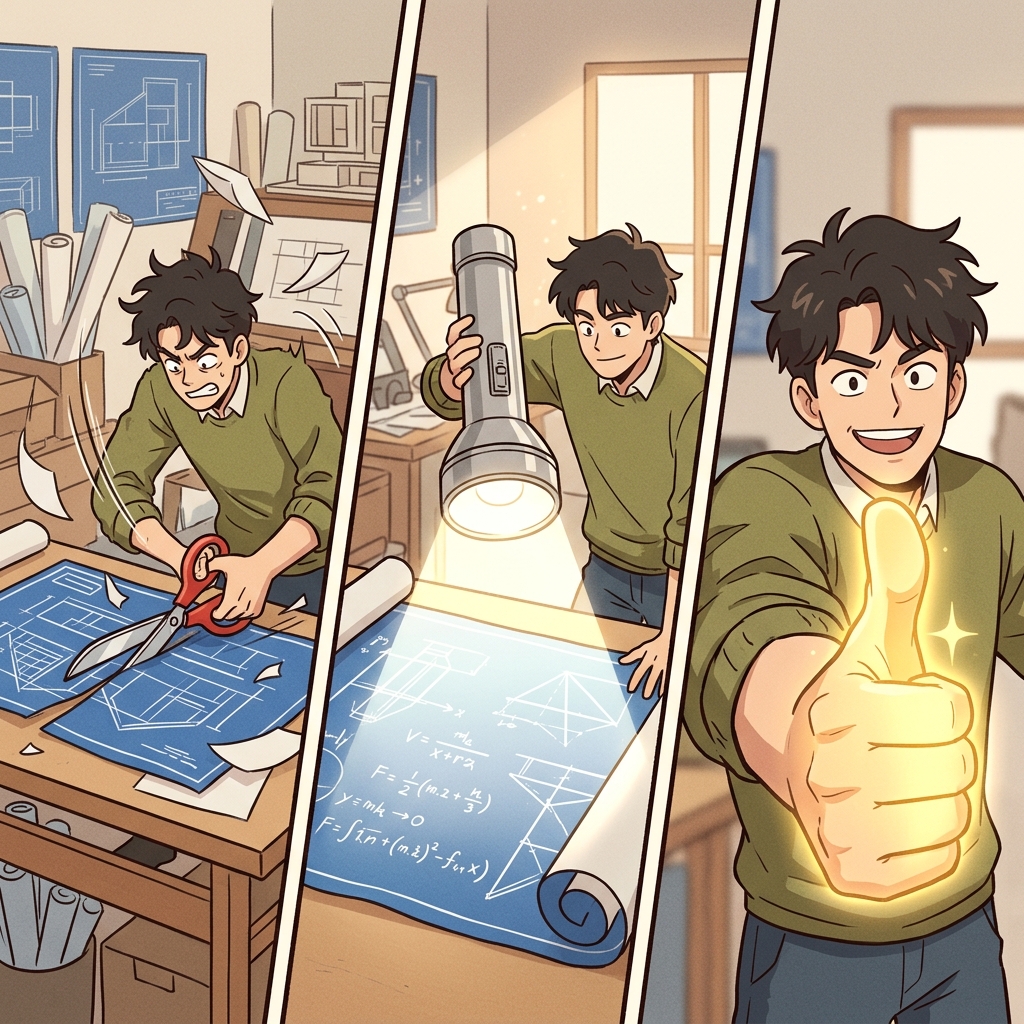 Deciding to aggressively modify the blueprint, the engineer used a giant light to clarify the plans, and gave a massive thumbs-up to signify it was officially complete.