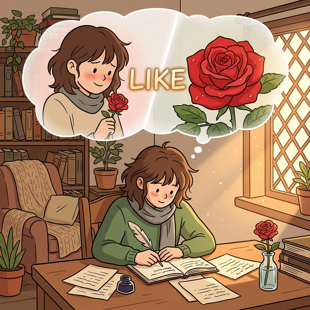 The poet writes a simile comparing her love to a red rose in bloom.