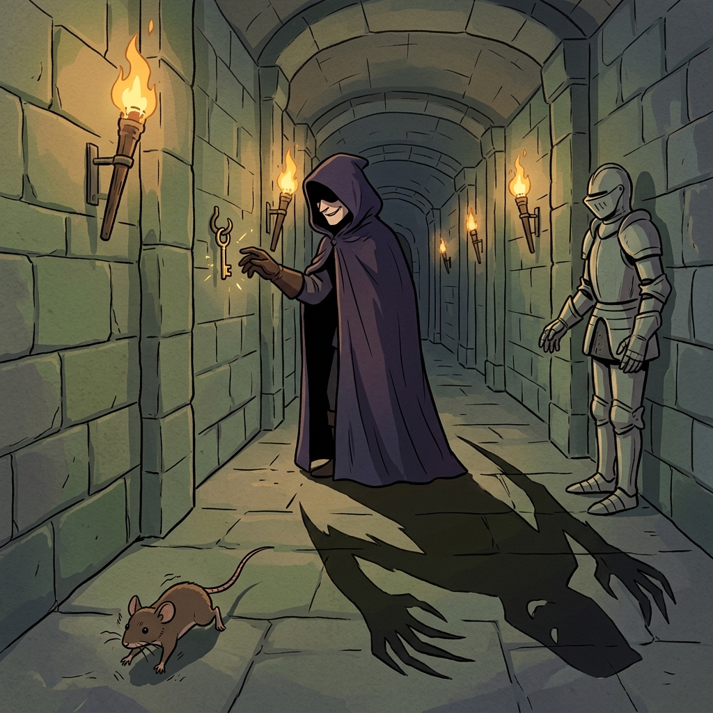 A sinister shadow creeps up the castle wall as the villain smiles.