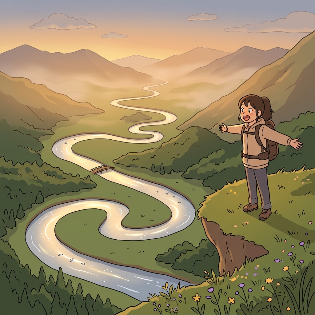 The sinuous river winds through the green valley like a silver ribbon.