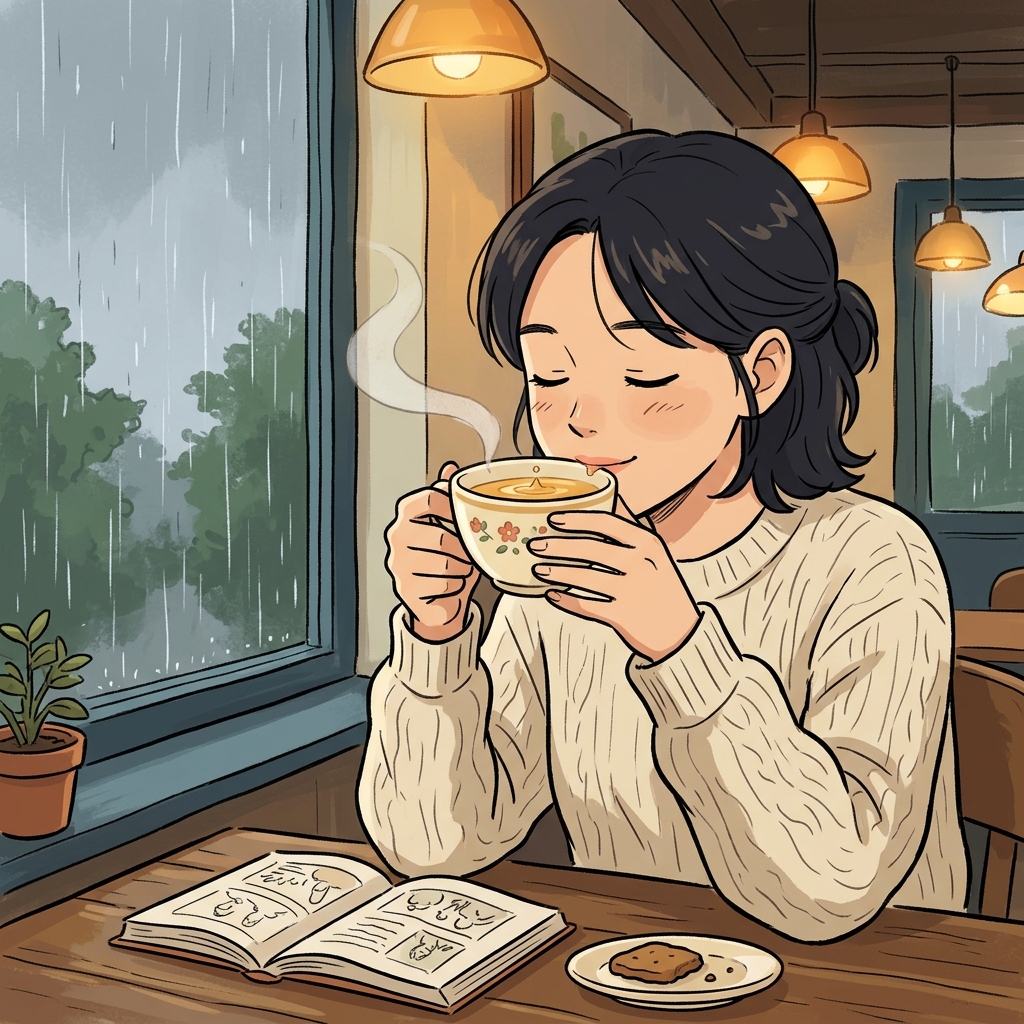 She takes a slow sip of hot tea on a rainy afternoon.