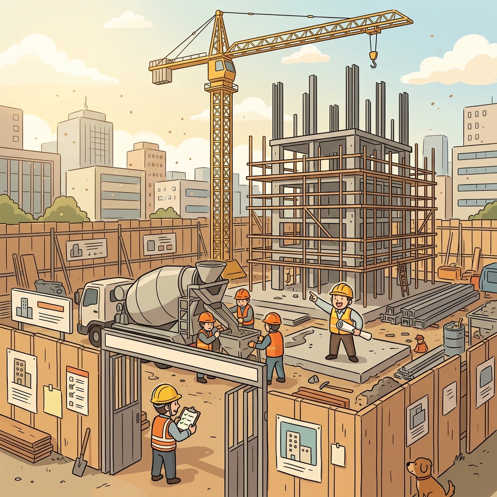 Workers pour concrete at the construction site as the new tower begins to rise.