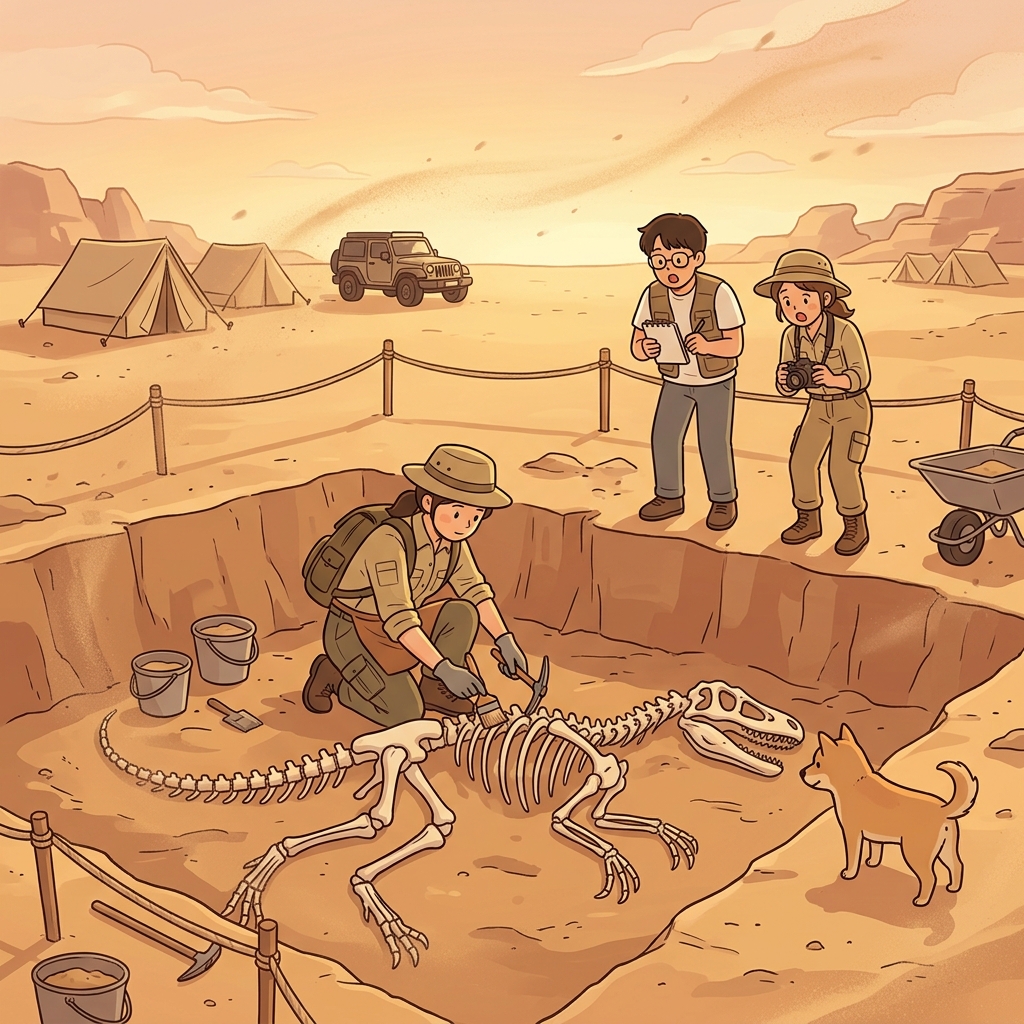 The archaeologist brushes dust off a skeletal frame buried in the desert sand.