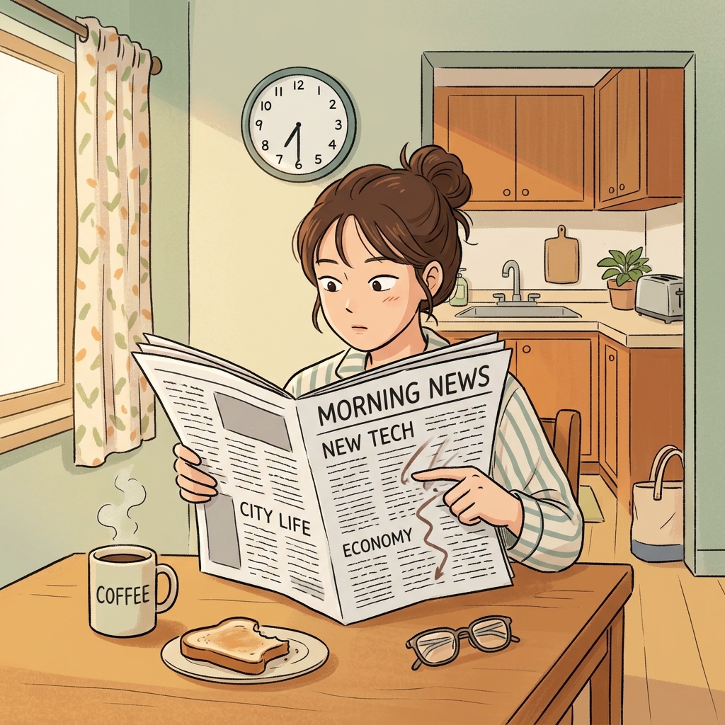 She skims the morning newspaper while sipping coffee before work.