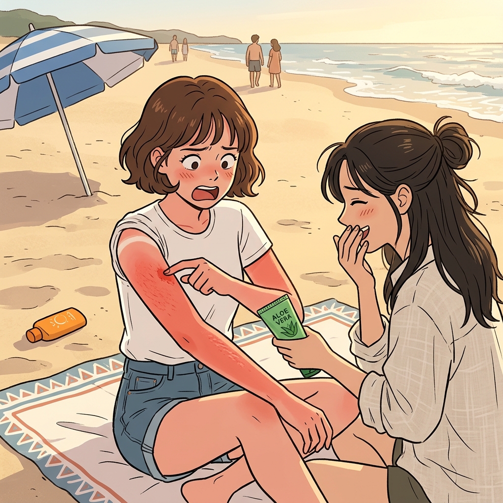 The sunburn turned her skin bright red after a long beach day.