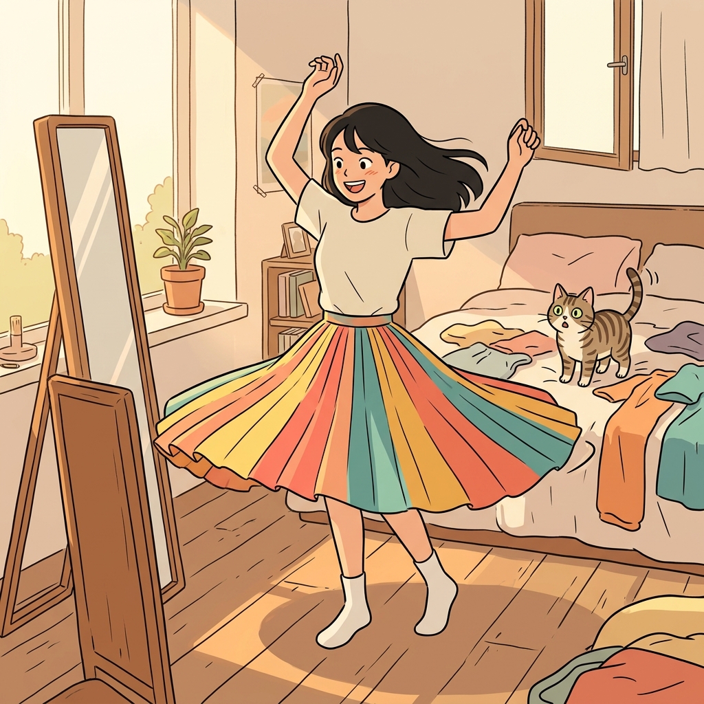She twirled in her new skirt, watching it flare out like a flower.