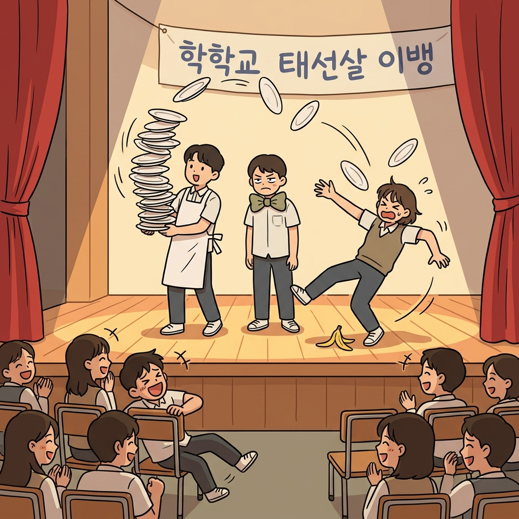 학교 장기자랑에서 아이들이 짧고 웃긴 콩트를 선보였다.