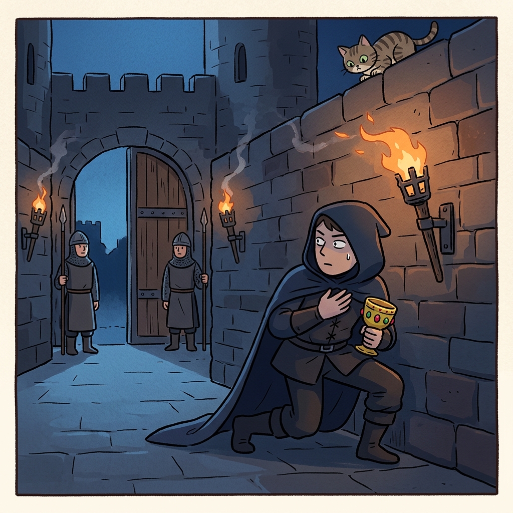 The thief tries to skulk past the guards in the moonlit castle courtyard.