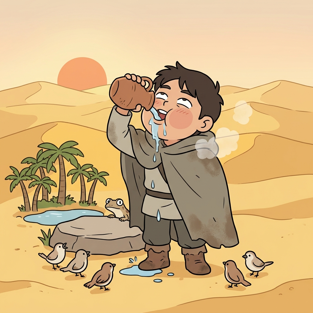 After hours in the desert, one gulp of cold water was enough to slake his burning thirst.
