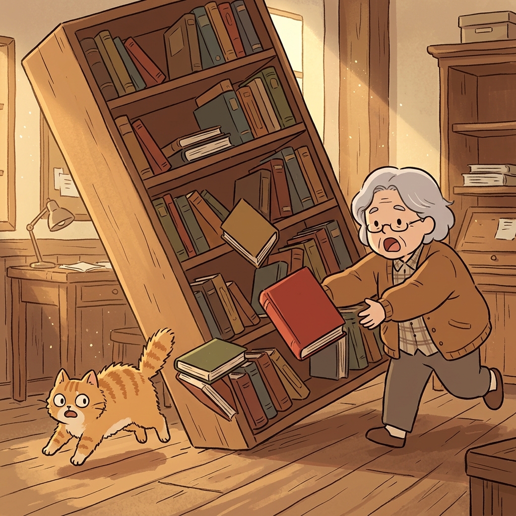 The old bookshelf started to slant dangerously after the earthquake.