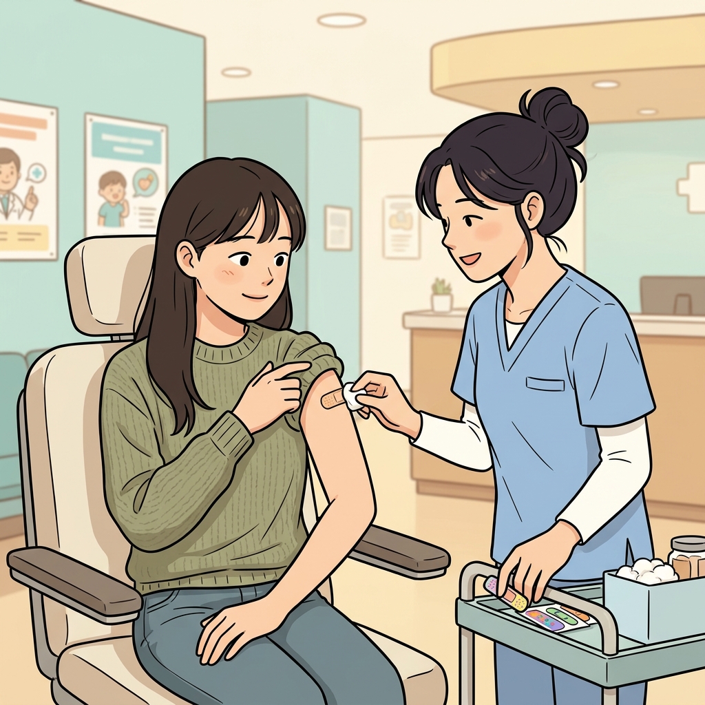 그녀는 주사를 맞은 뒤 약간의 통증만 느꼈다. ("슬~쩍!" → 아주 조금, 살짝)