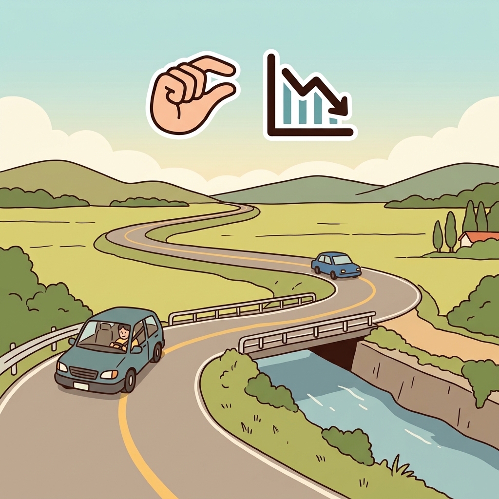 The road has a slight curve near the bridge. (🤏 Small + 📉 Change → Slight)