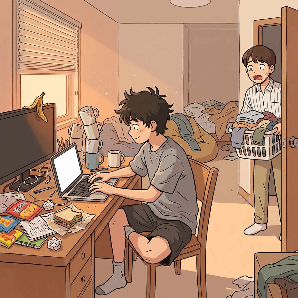 His slovenly desk is buried under crumbs, stains, and yesterday's socks.