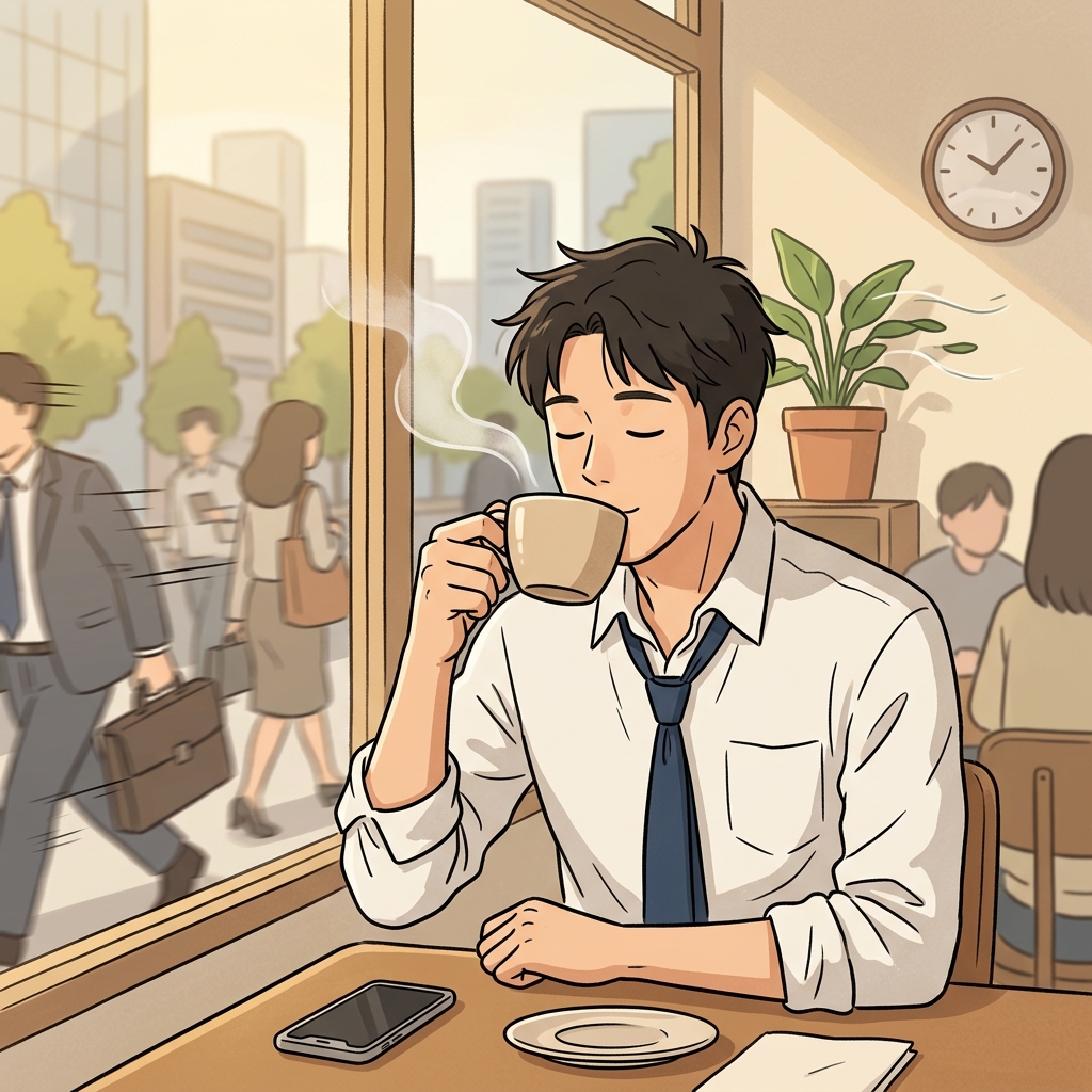 The busy commuter decided to slow down and enjoy his morning coffee.