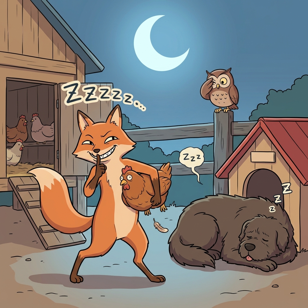 The sly fox sneaks past the sleeping guard dog to steal a chicken.