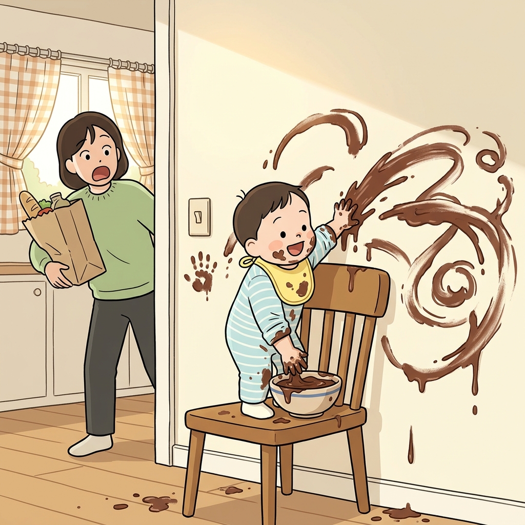 아이가 푸딩을 벽에 마구 발라놨다.