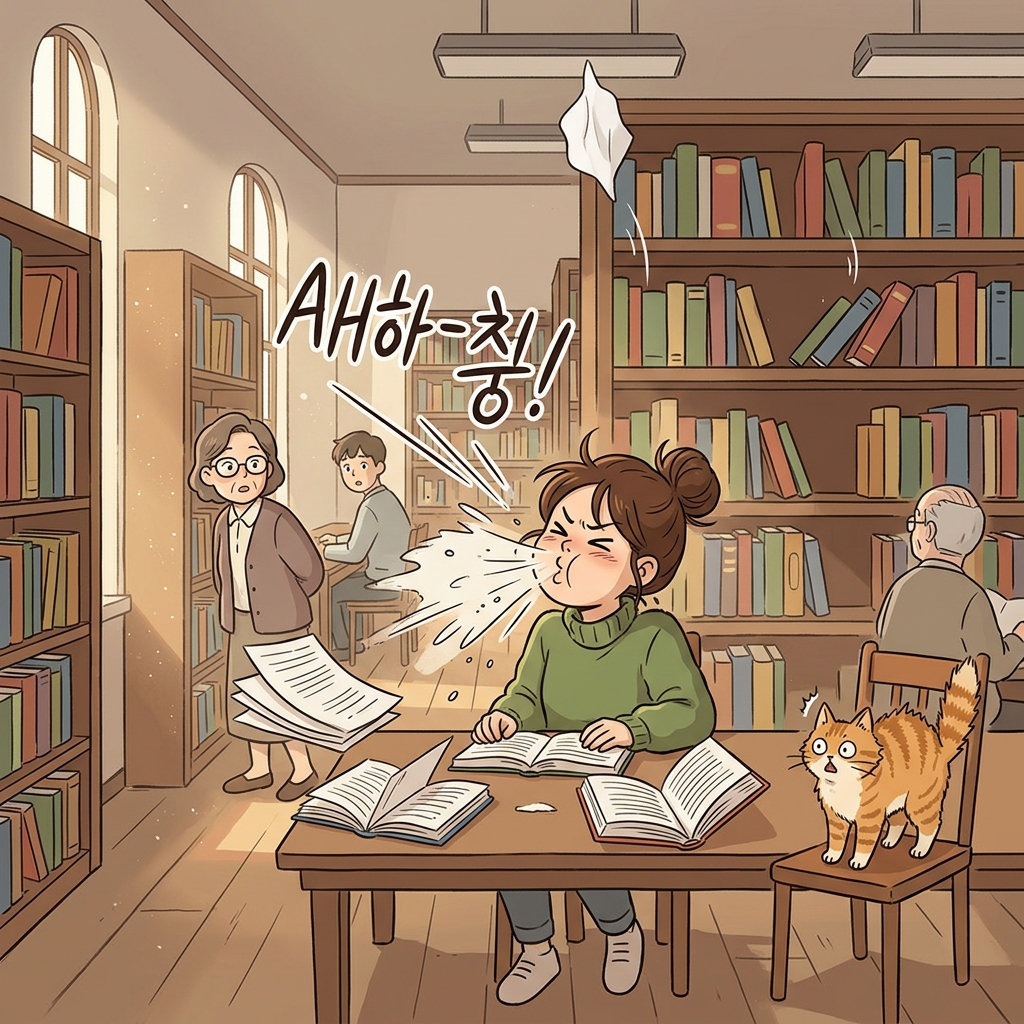 도서관에서 참으려 했는데 결국 재채기가 빵 터졌다.