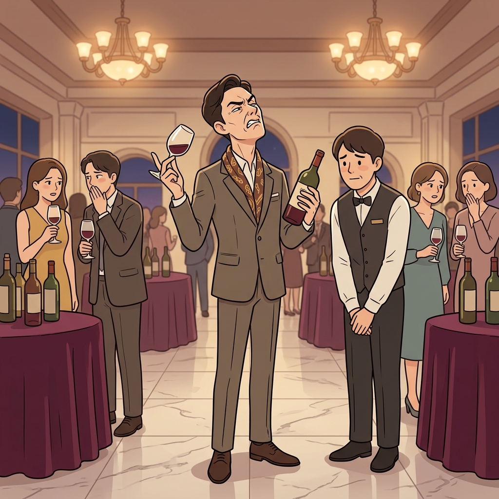 그는 싸구려 와인이라며 콧대를 세우고 무시했다.