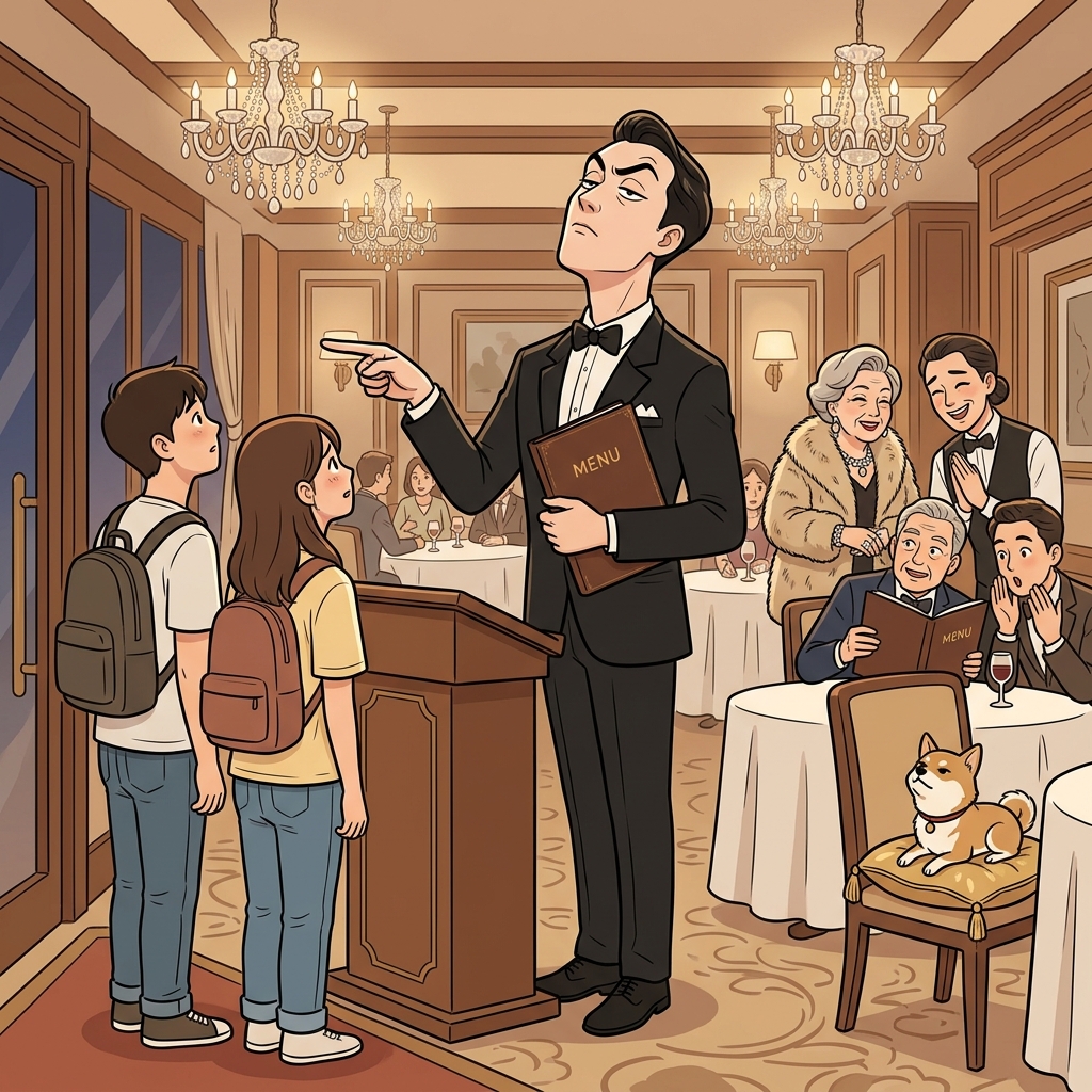 The snobbish waiter sneered at guests wearing casual clothes.