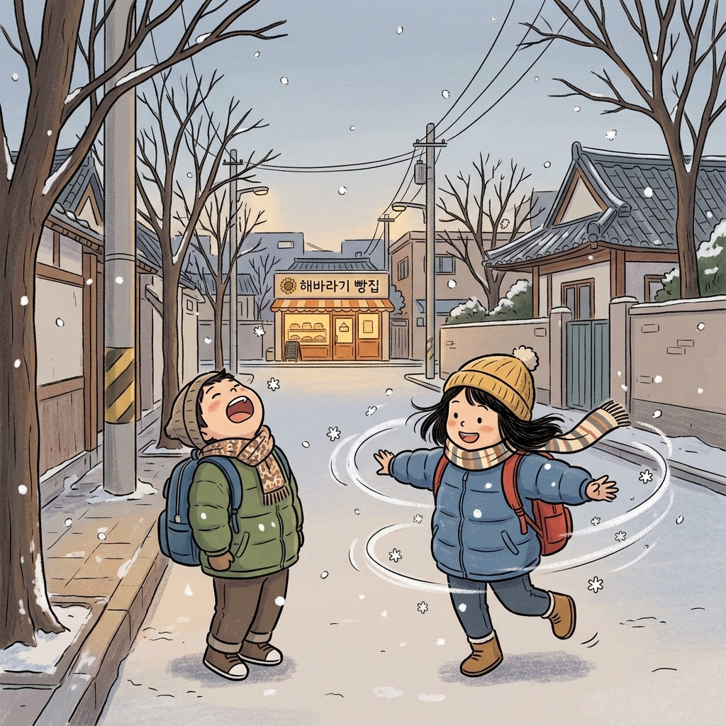 애들이 하교하는데 눈발이 살랑살랑 흩날린다.