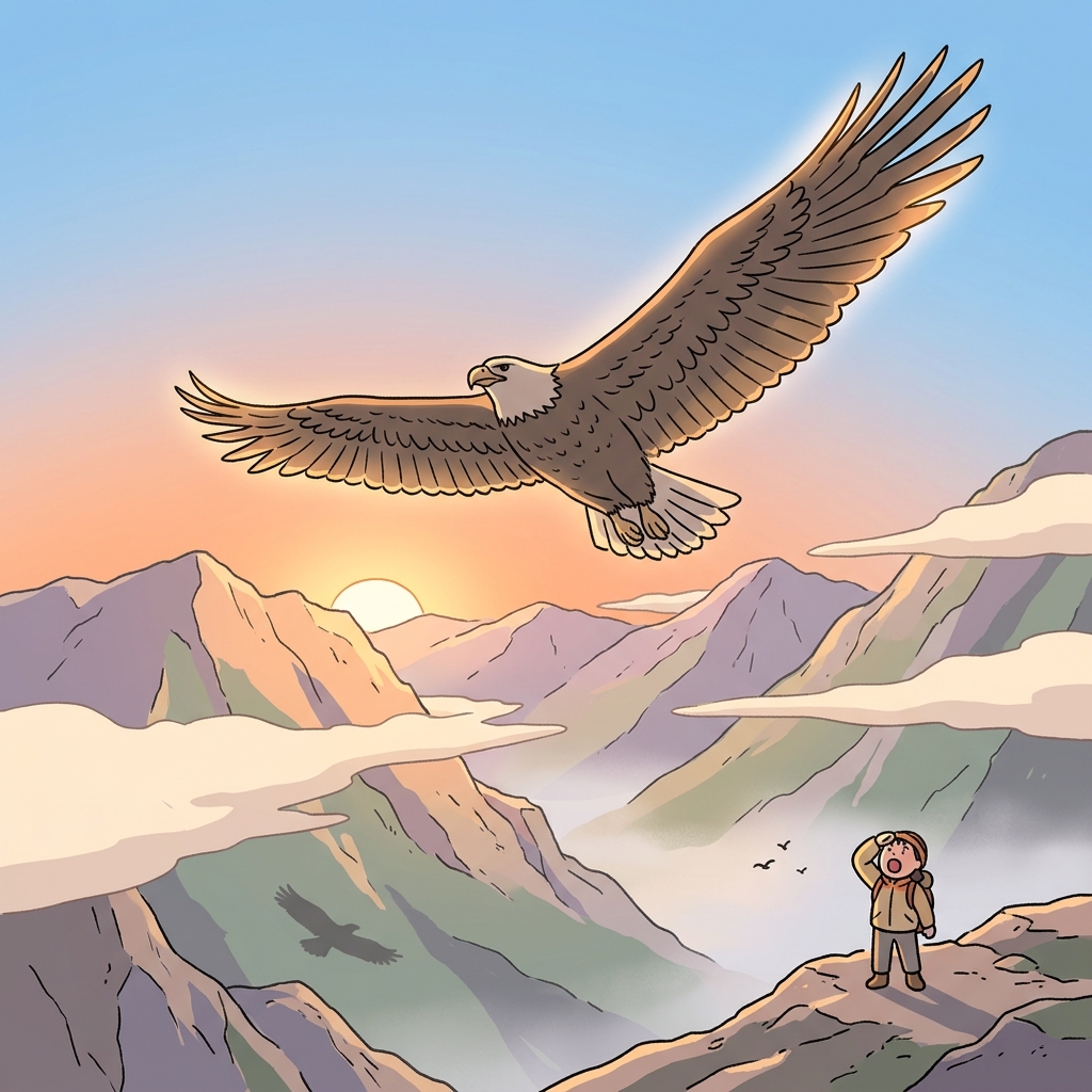 The eagle begins to soar high above the mountain peaks at sunrise.
