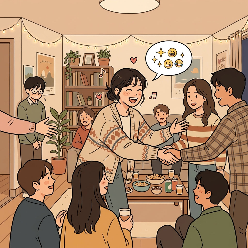 She's so sociable — she chats warmly with everyone at the housewarming party.