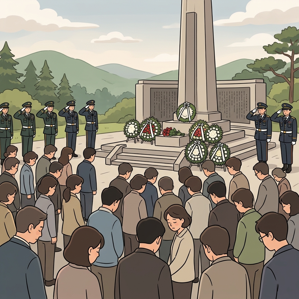 사람들은 전사한 영웅들을 위해 엄숙한 묵념의 시간을 가졌다.