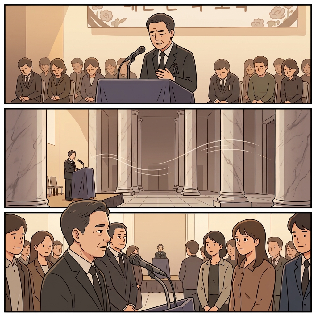 엄숙한 연설은 작은 목소리였지만 기둥 사이로 깊게 울려 퍼졌다.