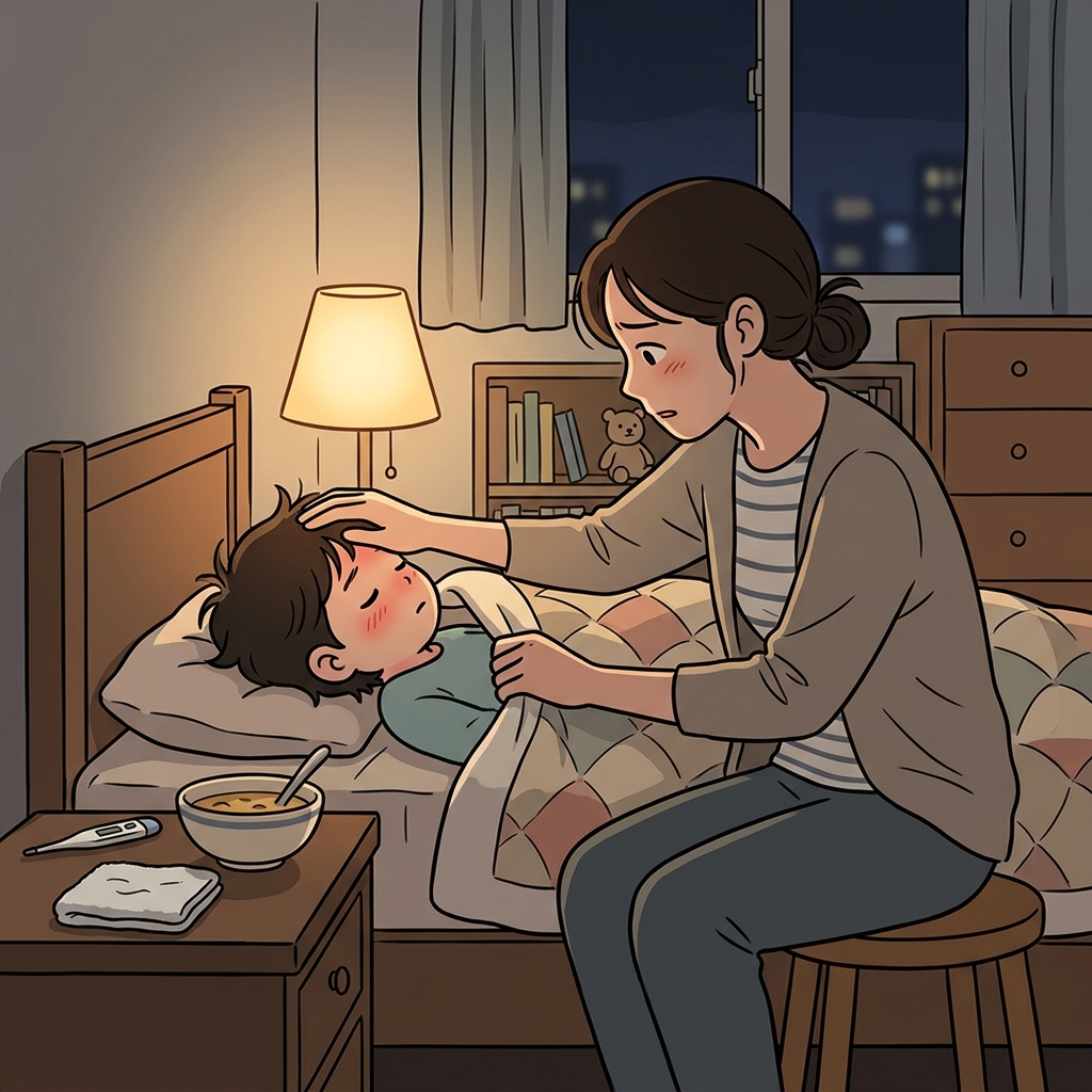 아이가 걱정돼서 이불을 몇 번이나 다시 덮어준다.