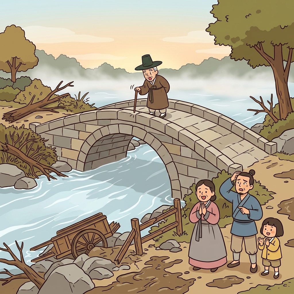 홍수가 쓸고 지나갔는데도 돌다리는 끄떡없이 단단했다.