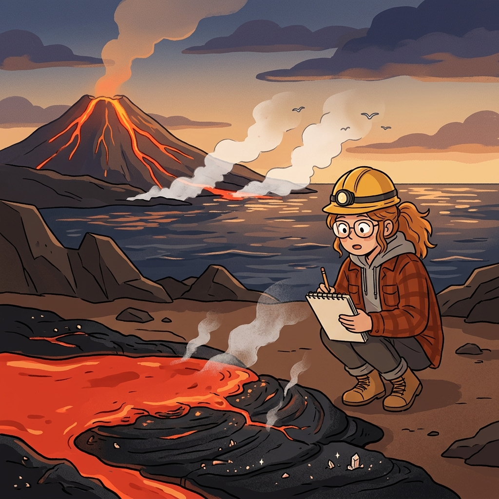 The molten lava cools and begins to solidify into black rock along the shore.