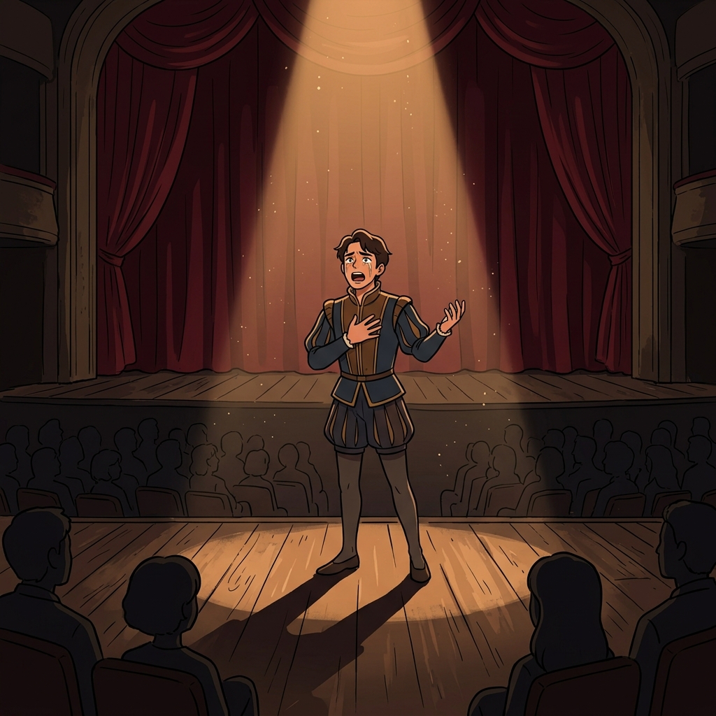 Alone on stage, the actor delivers a heartfelt soliloquy under a single spotlight.