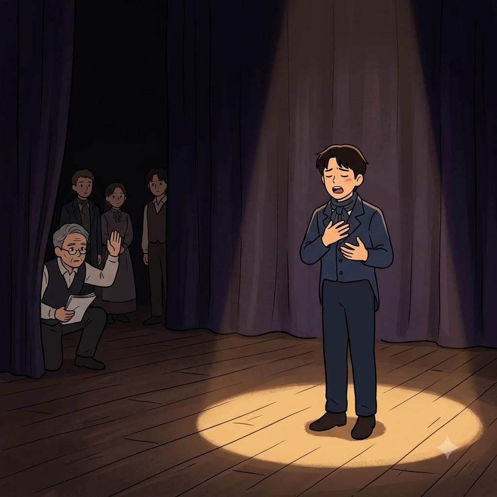 배우가 혼자 앞으로 나오자 감독은 "솔로, 큐!"라고 외쳤다. ("솔로, 큐!" → 솔로(solo)로 혼자 무대에 나온다.)