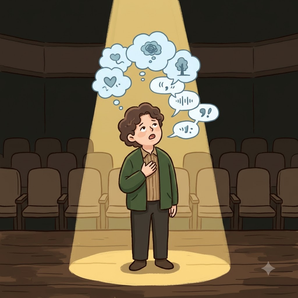 The actor gave a soliloquy, speaking his private thoughts aloud as if no one else were there. (Think of: SOLILOQUY → SOLO + TALK)
