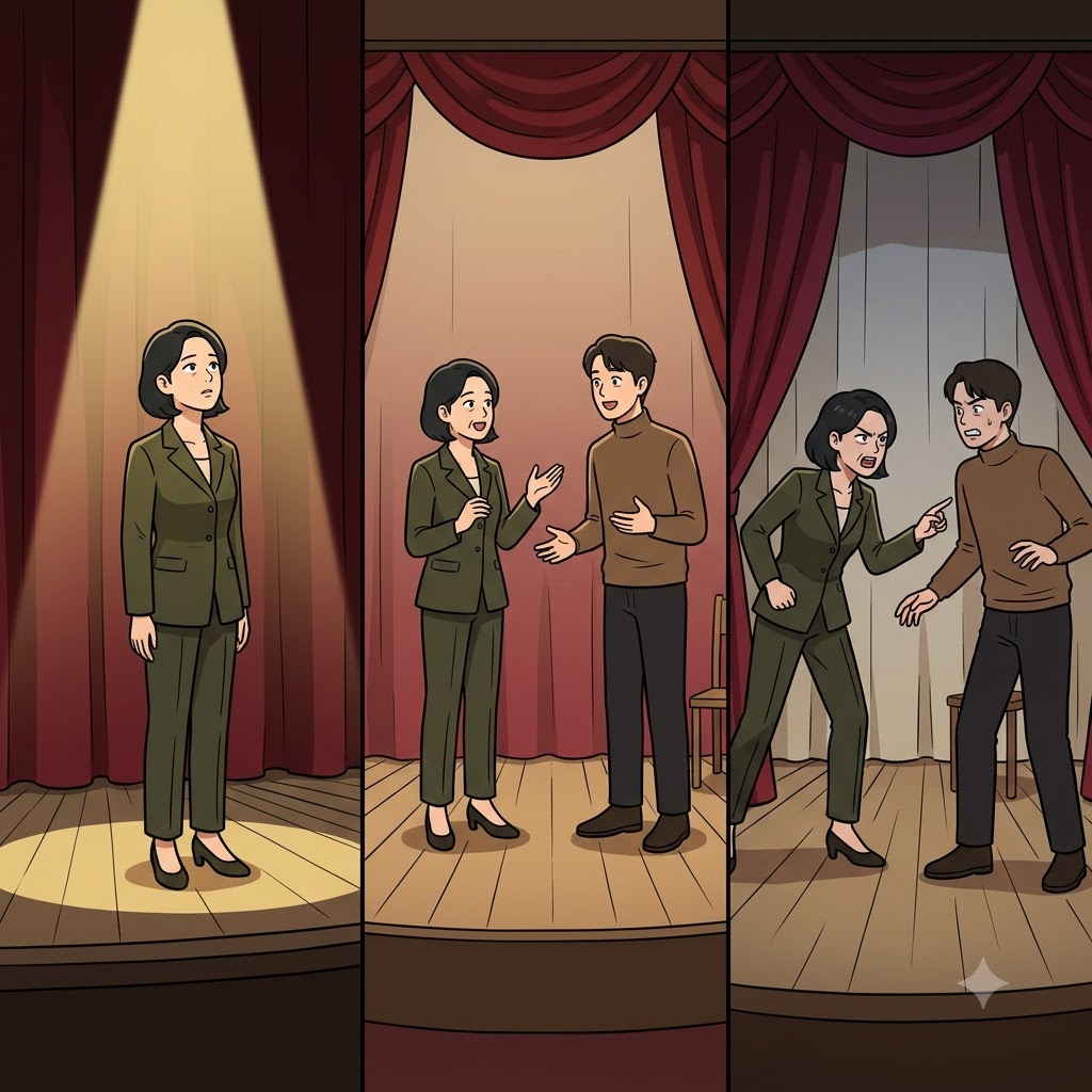 The soliloquy revealed her thoughts, while the colloquy became heated with harsh obloquy.