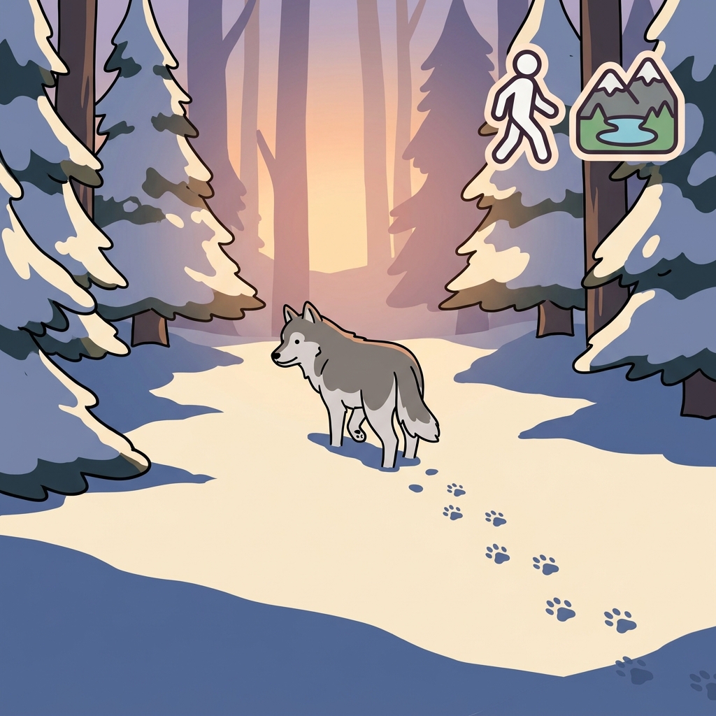 The solitary wolf wandered through the snowy forest. (🚶 Alone + 🏞️ By Yourself → Solitary)