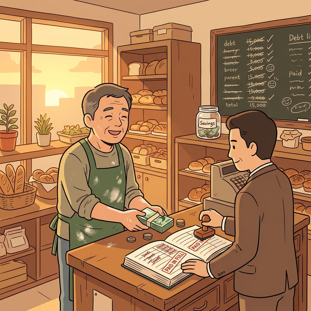 가게 주인이 모든 빚을 갚고 은행원에게 지급 능력을 증명한다.