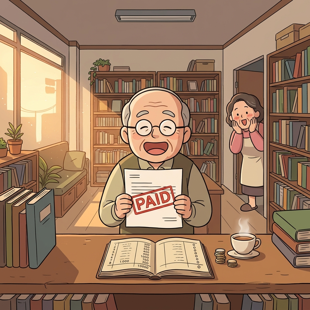 After paying all debts, the old shopkeeper is finally solvent again.