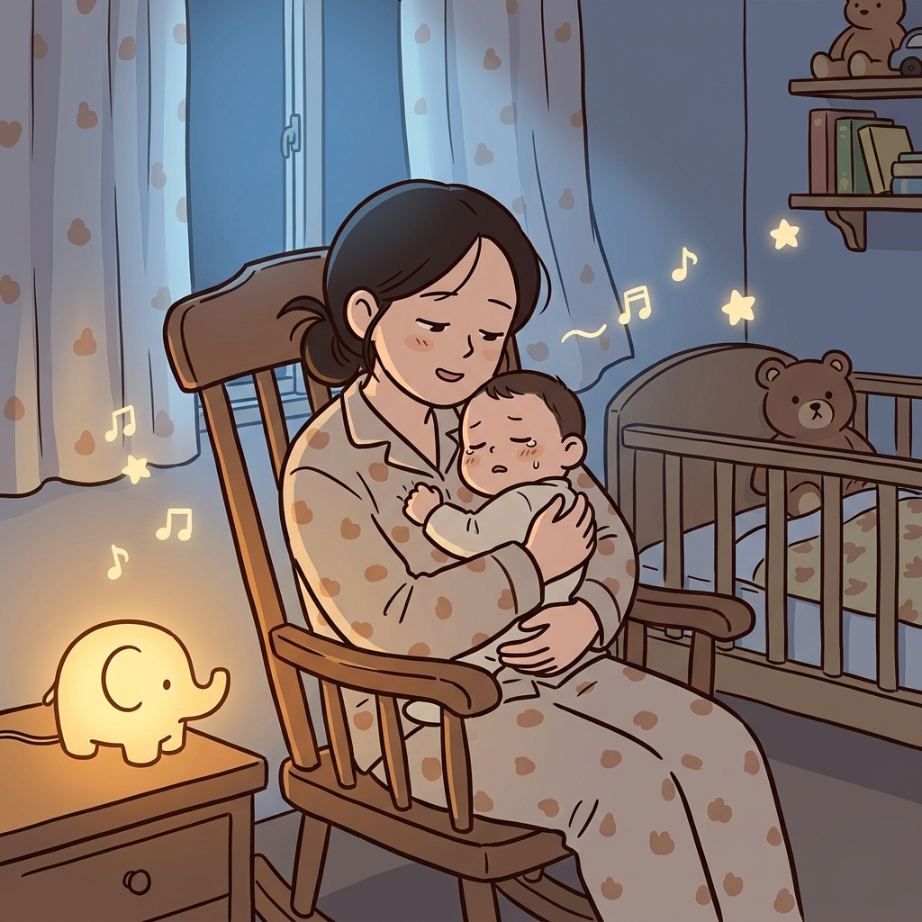 She soothes her crying baby with a gentle lullaby at midnight.