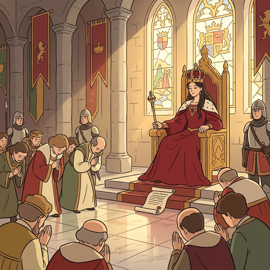 The sovereign queen rules her kingdom with absolute authority from the golden throne.