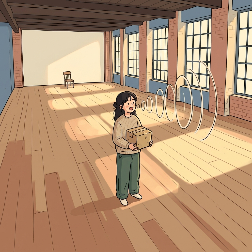 Her new loft is so spacious that footsteps actually echo across the room.