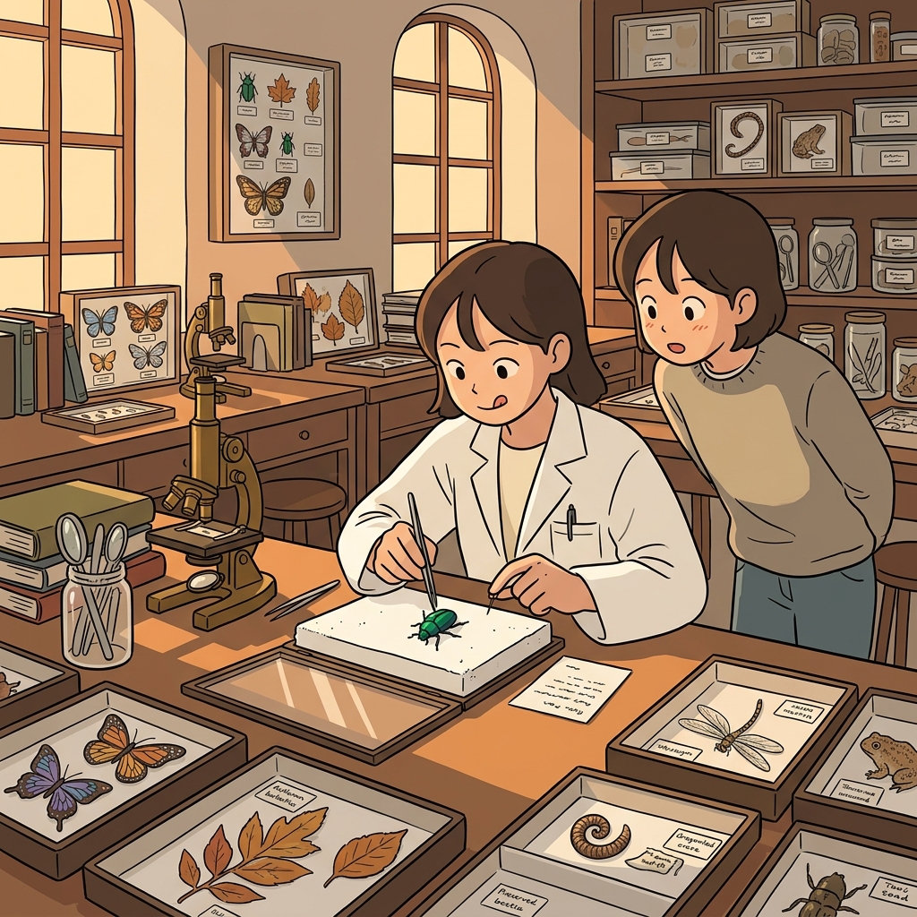 The biologist labels a rare beetle specimen pinned inside a glass display case.