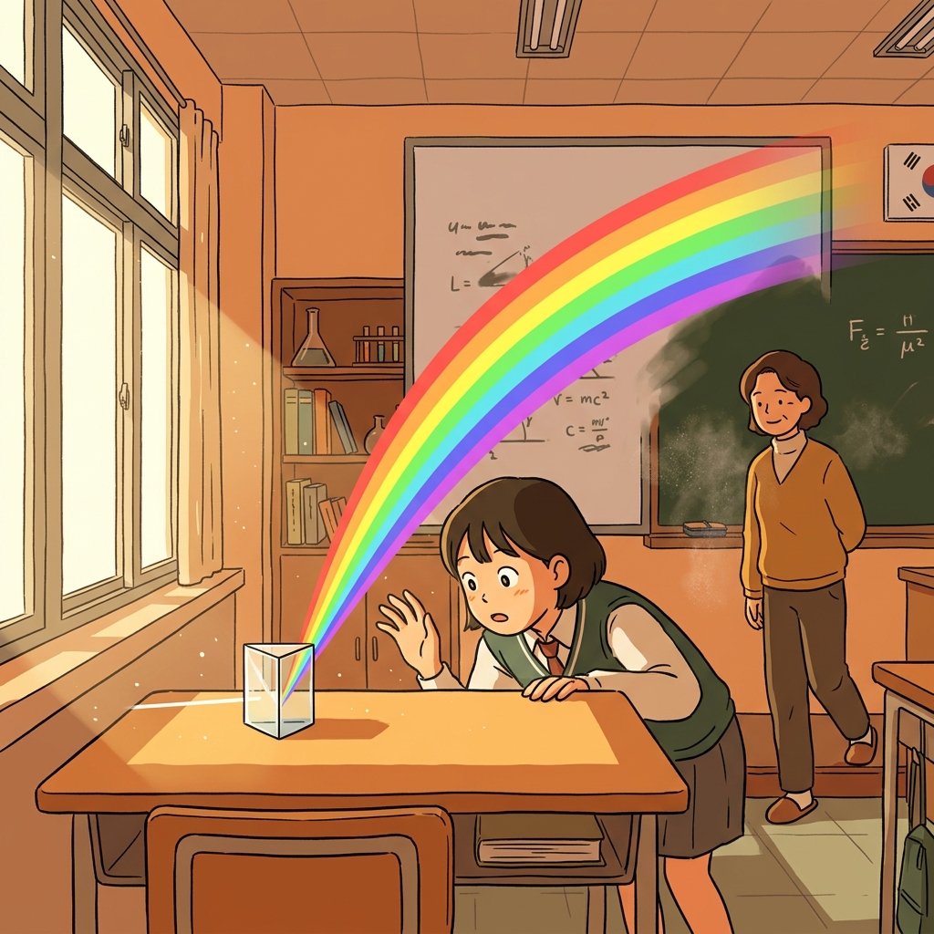 A prism splits white light into the full spectrum of colors on the wall.