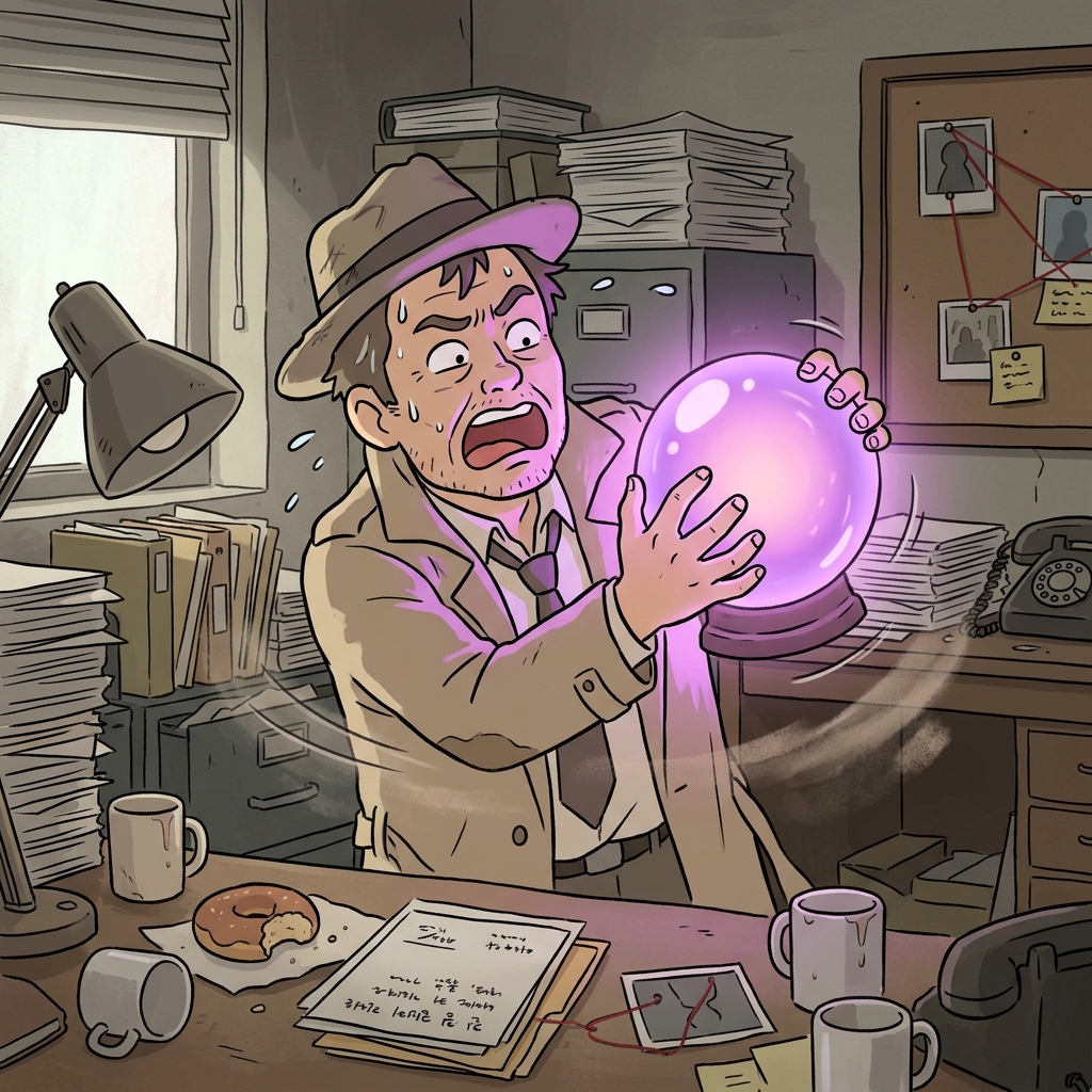 The desperate detective violently shook the glowing crystal ball, purely speculating about who committed the crime.