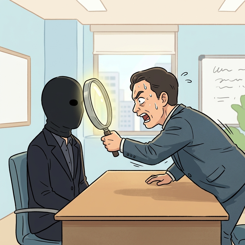 "내가 저 녀석의 스펙(spec)을 캘래(cul-late)!"라고 소리치며, 면접관은 복면을 쓴 지원자에게 돋보기를 거칠게 들이대며 그가 천재일 것이라고 마구 추측했다(짐작했다).